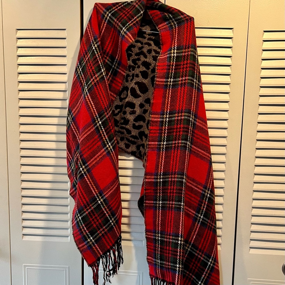 Leopard & Red Tartan Plaid Scarf/Shawl with Fringe
